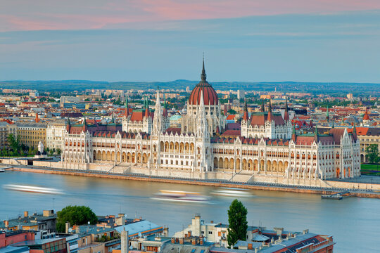 Hungary, Budapest, View to Pest with parliament building and Danube river