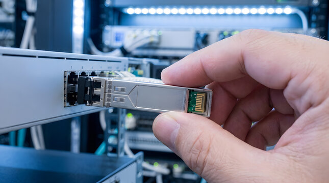 IT technician inserting SFP transceiver module | Networking hardware installation in data center | High-speed fiber optic connection setup | Close-up of ethernet switch maintenance