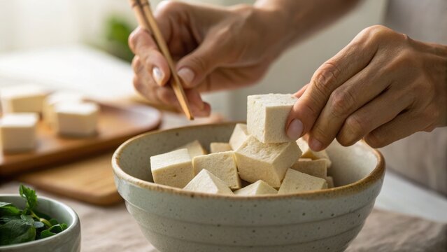 Hands holding chopsticks and tofu cubes over a ceramic bowl, ready to serve or cook in a natural, home kitchen setting.