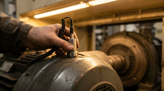 industrial vibration analysis on electric motor | predictive maintenance technician measuring machinery health | condition monitoring sensor for industrial equipment | testing engine vibration