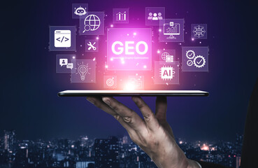 Naklejka premium Digital marketing concept featuring GEO strategy, optimizing content for AI search engines and large language models. Evolution of SEO, brand authority, and AI citation visibility. Corpus
