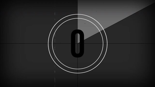 5 to 0 second old film countdown animation. Old video timer, countdown retro cinema animation.
