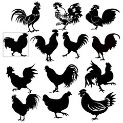 Black chicken silhouettes set. Rooster, hen, and little chicks vector icons. © Sakdafc