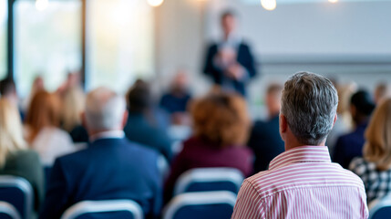Fototapeta premium Business professionals attending corporate training session with speaker presenting in modern classroom environment.
