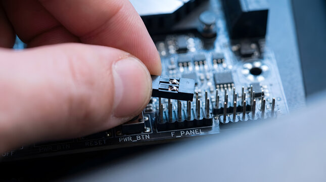 Connecting front panel headers to a PC motherboard|Building a custom desktop gaming computer|Close-up of hardware installation process|Computer technician assembling PC parts|DIY computer build guide