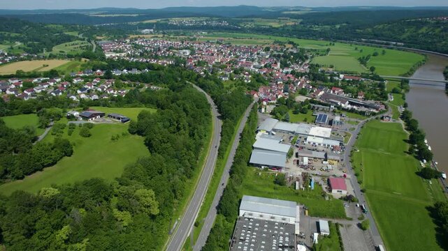 Aerial view around the city Obrigheim and mosbach in Germany. On sunny day in spring