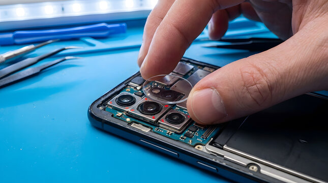 professional smartphone camera repair service | fixing broken mobile phone lens at workshop | electronics technician replacing cell phone hardware | mobile phone maintenance and internal component 