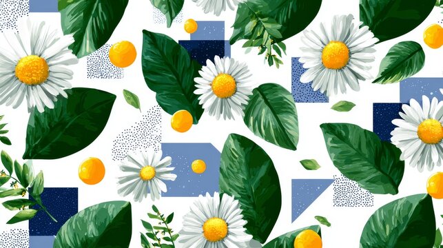 56.Seamless vector pattern with spring leaves and daisy flowers combined with abstract geometric shapes, clean white background, fresh and modern design for fabric and packaging