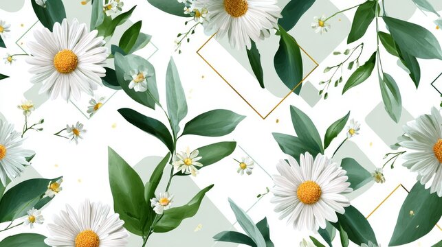 56.Seamless vector pattern with spring leaves and daisy flowers combined with abstract geometric shapes, clean white background, fresh and modern design for fabric and packaging