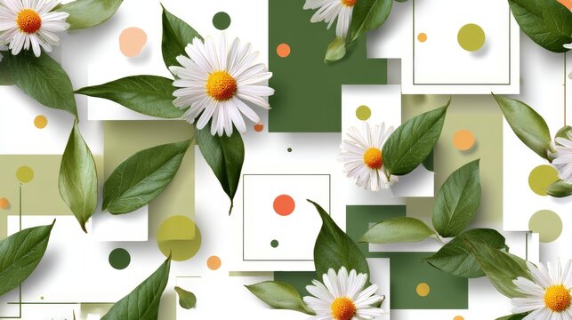 56.Seamless vector pattern with spring leaves and daisy flowers combined with abstract geometric shapes, clean white background, fresh and modern design for fabric and packaging