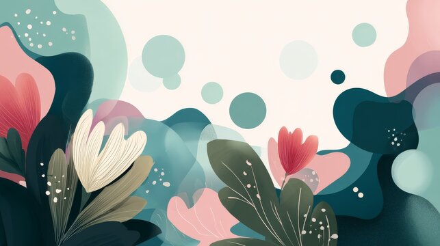 35.Floral themed vector background with organic shapes and flowing lines, light and airy palette, minimal flat illustration style suitable for design templates