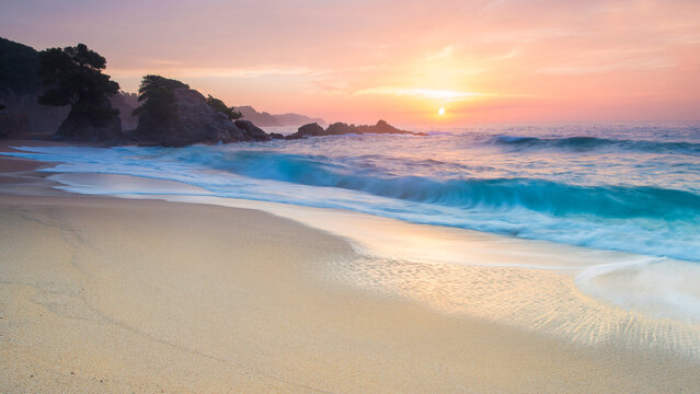 Spain, Catalonia, Blanes, Costa Brava at sunset