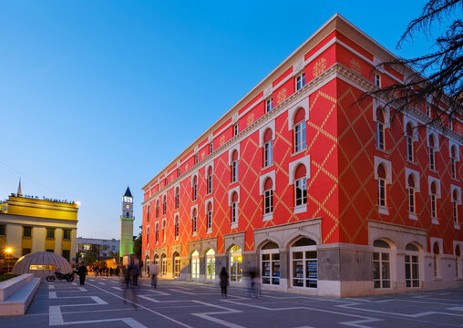 Albania, Tirana, Clock tower and Minstry of Urban Development, blue hour