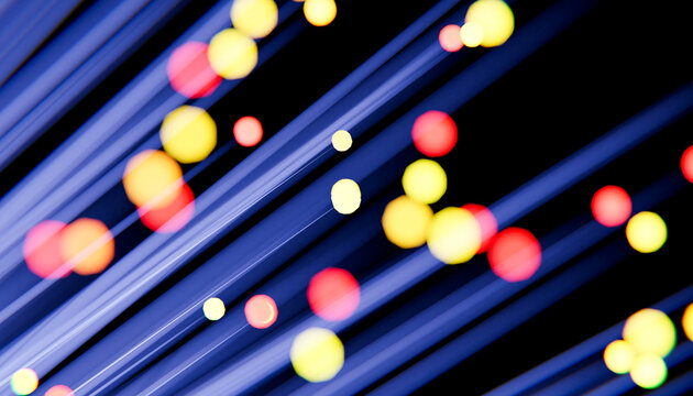 3D render of neon lights and fiber optics over black background