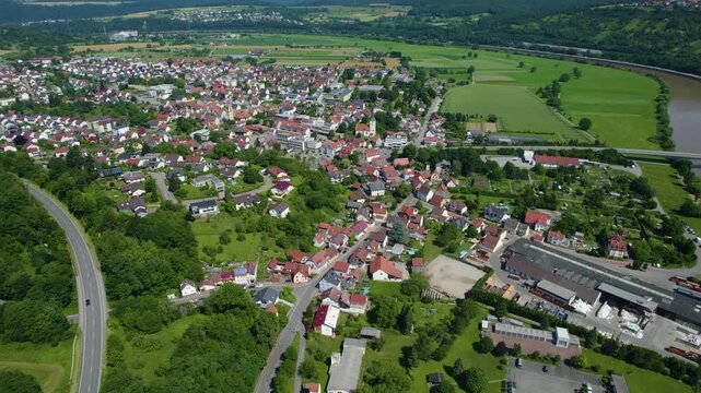 Aerial view around the city Obrigheim and mosbach in Germany. On sunny day in spring