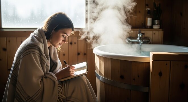 Young woman journaling in a steamy wooden bathtub, finding peaceful reflection and cozy comfort