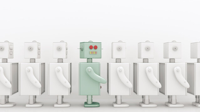 Row of white robots with a coloured one in between, 3D Rendering