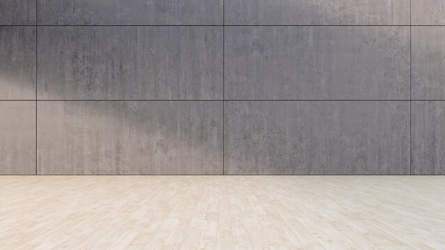 Empty room with concrete wall and wooden floor, 3D Rendering