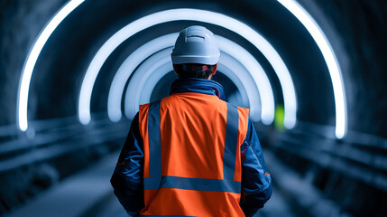 Fototapeta premium Worker in high-visibility orange safety gear walking along railway tracks inside a tunnel, representing industrial inspection, transport infrastructure, and workplace safety.