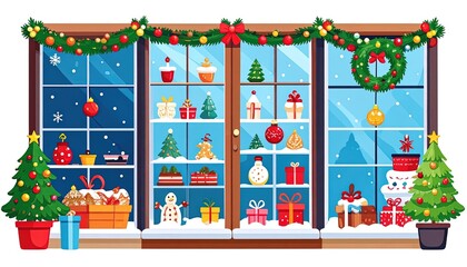 Obraz premium Christmas Window Display with Trees Gifts.