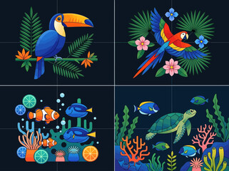 Fototapeta premium Vibrant Tropical Bird and Underwater Sea Life Illustration Collection featuring Toucan, Parrot, Sea Turtle, and Coral Reef Fish