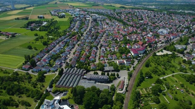 Aerial view around the city Benningen am Neckar in Germany. On sunny day in spring