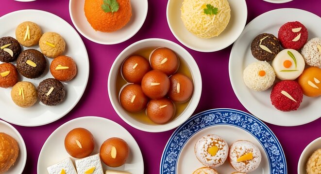 Assorted Indian sweets and mithai served on plates for Diwali festival