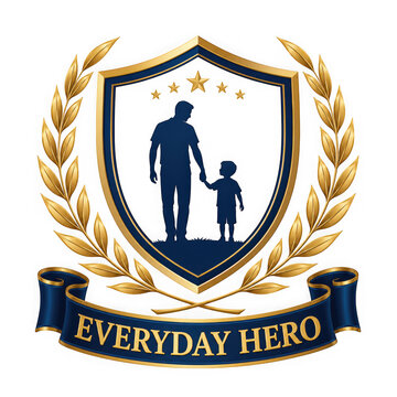 Father and son silhouette emblem with gold laurel wreath shield and isolated on transparent background