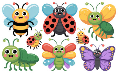 Fototapeta premium Colorful cartoon butterflies and bees flying together in a playful scene Vector