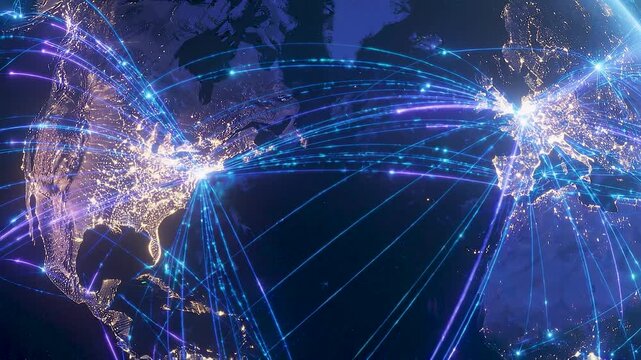Digital earth globe showing global connection lines and communication network data transfer in space.