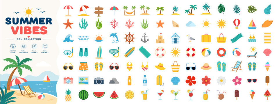 Summer vacation icon collection in flat vector style with tropical beach elements