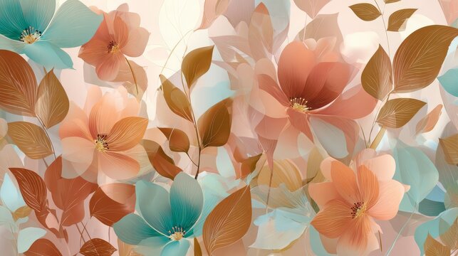 36.Artistic floral background vector design with stylized flowers and leaves, cohesive pattern arrangement, soft tones and elegant visual rhythm