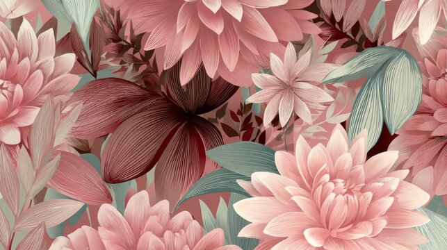 36.Artistic floral background vector design with stylized flowers and leaves, cohesive pattern arrangement, soft tones and elegant visual rhythm