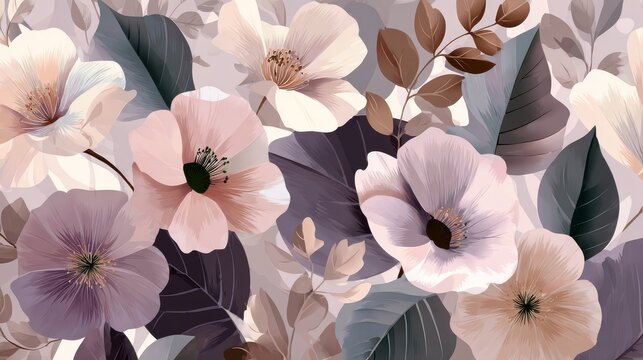 36.Artistic floral background vector design with stylized flowers and leaves, cohesive pattern arrangement, soft tones and elegant visual rhythm