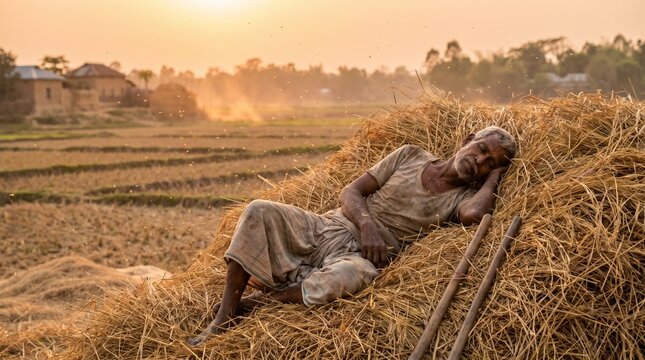 Exhausted Bangladeshi Farmer Resting on Harvested Rice Straw Haystack at Sunset, Rural Agriculture Life