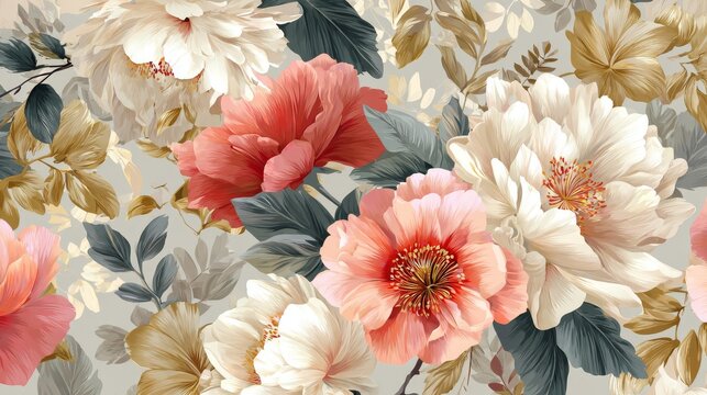 30.Sophisticated big floral vector pattern, oversized blossoms with leafy accents, trendy modern colors, refined decorative background design