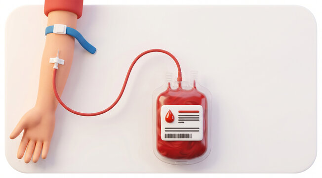 3D illustration of blood donation. Human arm with needle and blood bag. World Blood Donor Day medical concept on white background.