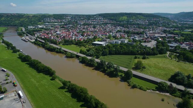 Aerial view around the city Obrigheim and mosbach in Germany. On sunny day in spring