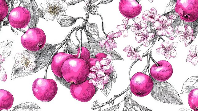 09011021 67 67.Concept: Seamless pattern Sketch Cute Cherry and flowers Background, Print Design Blossom for Textile Vector Illustration --ar 16:9 --v 7 Job ID: 02055e99-2ee8-47cb-bdb8-9567f396ac3f