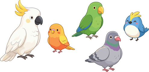 Cute Cartoon Pet Bird Vector Set Featuring Cockatoo, Parrot, Budgie, Pigeon, and Bluebird Characters for Children Educational Media Designs © Md