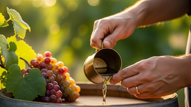 Person Pouring Fresh Grape Juice from a Small Brass Container into a Glass in a Vineyard Setting for Refreshing Natural Beverage Experience