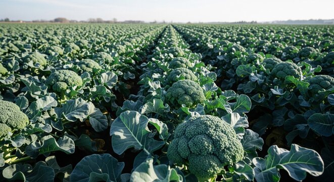 Rows of Green Broccoli Plants Spreading Outward in Field with Clear