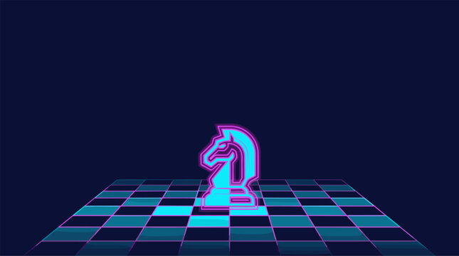 A glowing neon chess knight piece stands on a checkered board, set against a dark blue background.