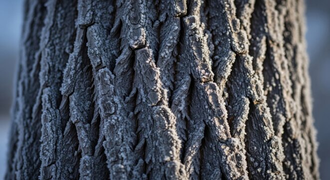 Close Up of Bark Texture on Tree Trunk with Frosting in Winter