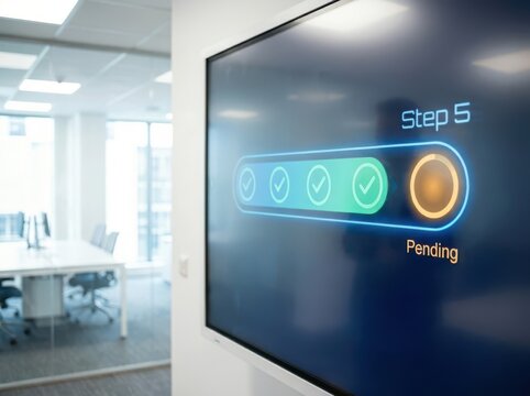 Digital project status screen showing step five pending