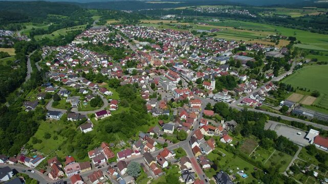Aerial view around the city Obrigheim and mosbach in Germany. On sunny day in spring