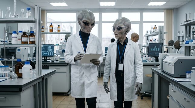 Two extraterrestrial scientists in white lab coats in a modern lab