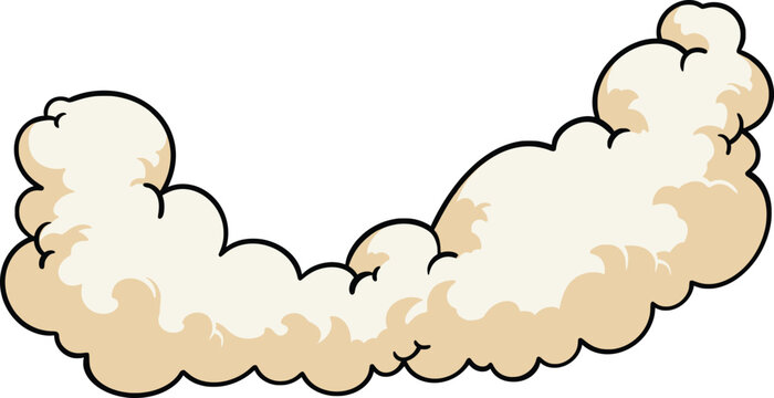 Hand-drawn beige dust cloud or smoke trail with puffy curved shape, isolated on white, cartoon style for motion, impact, speed, or explosion effects