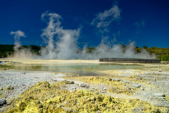Wai-o-tapu champagne pool geothermal volcanic landscape steaming