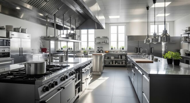 Bright Stainless Steel Professional Kitchen with Cooking Equipment